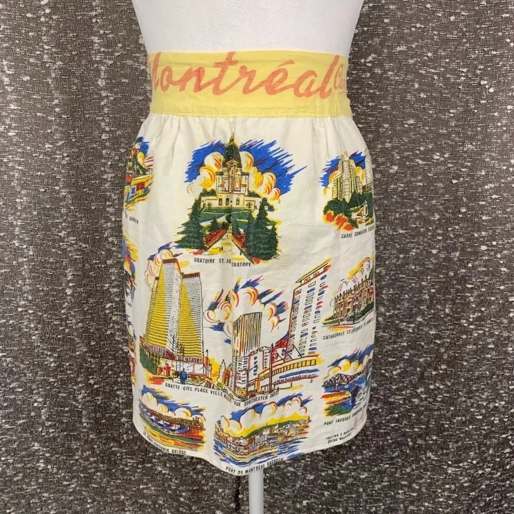 Vintage Delac Montreal Hand Printed Souvenir Apron Cotton Mid Century Novelty